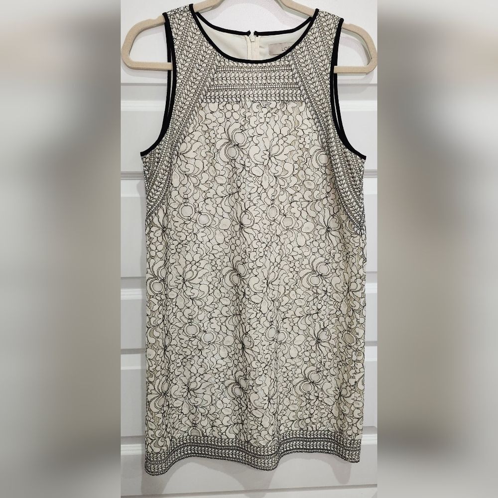 LOFT Black and Cream Floral Lace Midi Dress - Picture 2 of 12